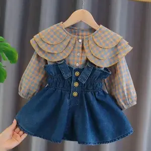 Girls Plaid & Denim Dress